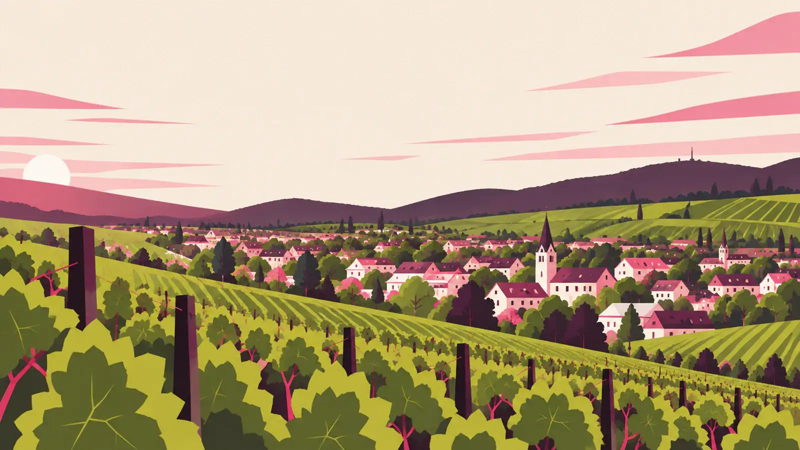 Grafischer Blick über die Weinberge auf Bad Dürkheim und den Pfälzerwald